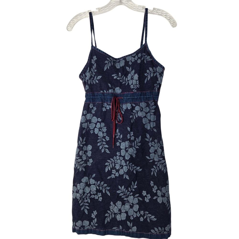 Vtg Y2K Denim Reversible Floral‎ Print Spaghetti Strap Mini Dress Women's Casual